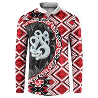 Red Taniko Motif Aotearoa Manaia and Silver Fern Button Sweatshirt LT03 Red - Polynesian Pride