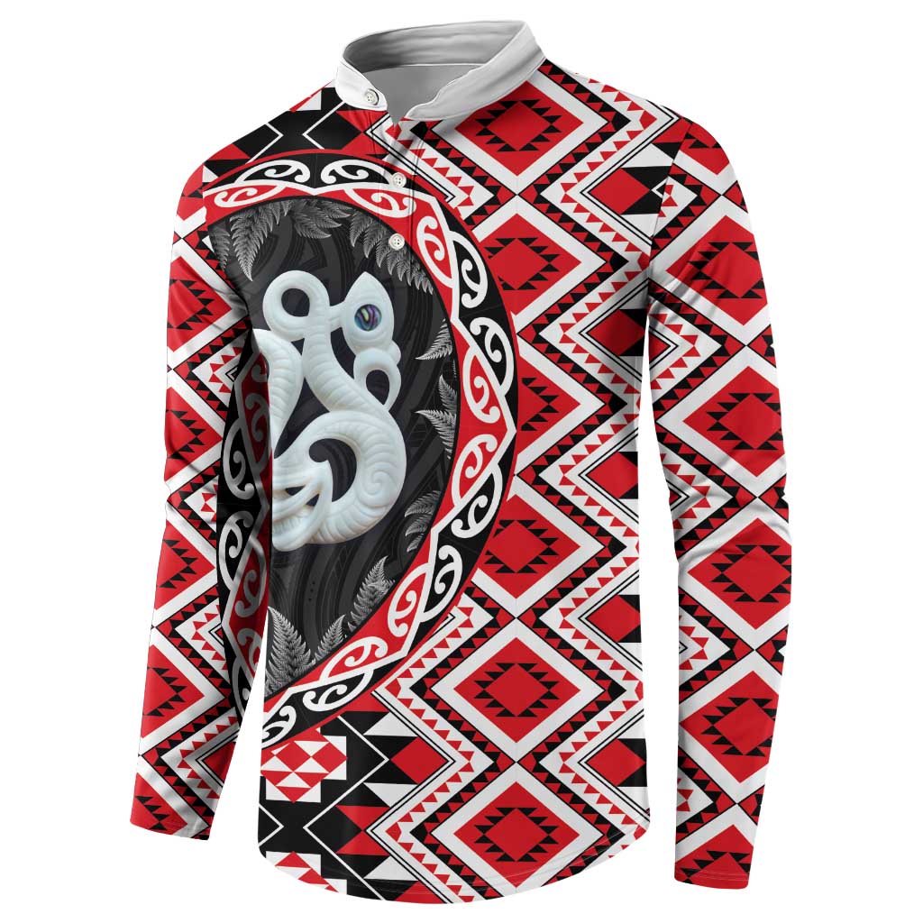 Red Taniko Motif Aotearoa Manaia and Silver Fern Button Sweatshirt LT03 - Polynesian Pride
