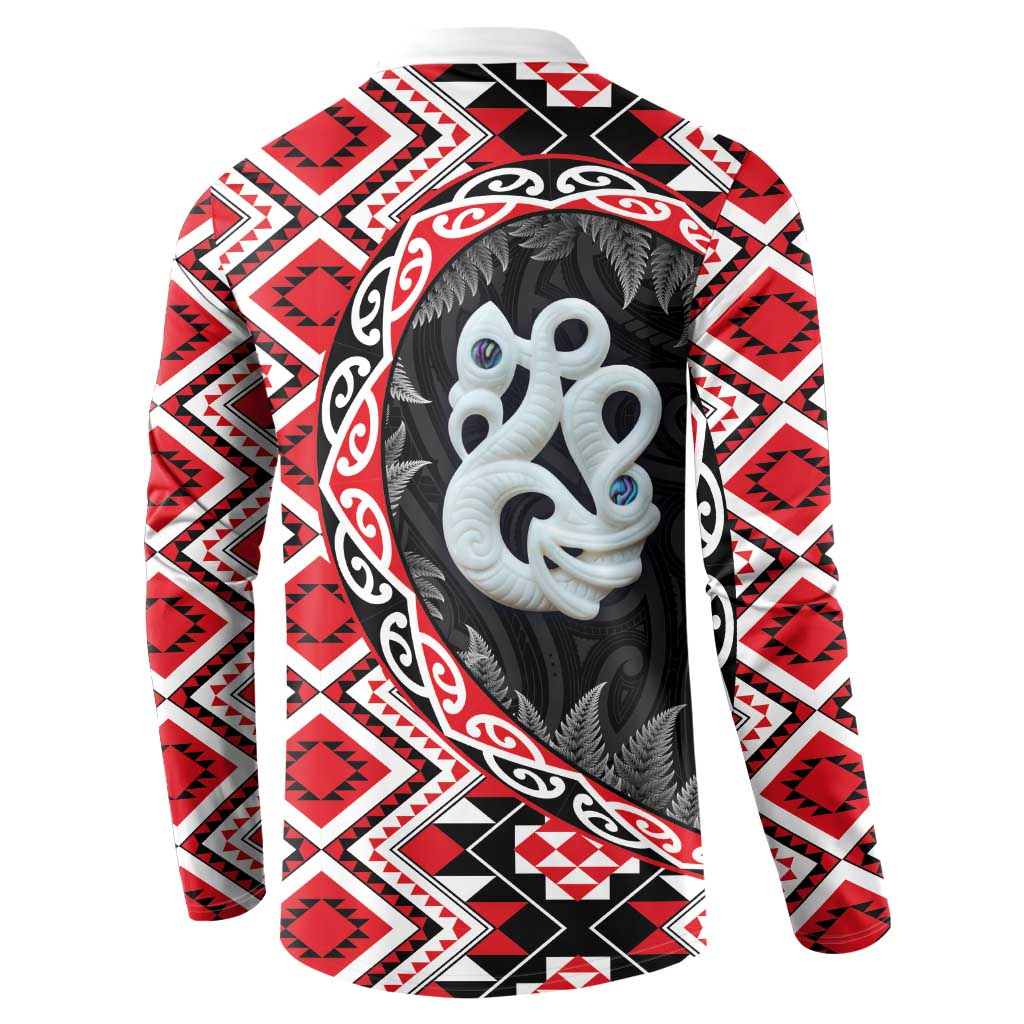 Red Taniko Motif Aotearoa Manaia and Silver Fern Button Sweatshirt LT03 - Polynesian Pride