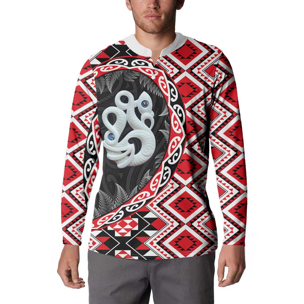 Red Taniko Motif Aotearoa Manaia and Silver Fern Button Sweatshirt LT03 - Polynesian Pride