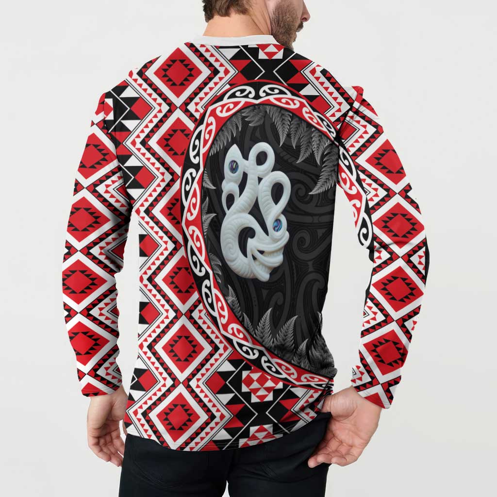 Red Taniko Motif Aotearoa Manaia and Silver Fern Button Sweatshirt LT03 - Polynesian Pride