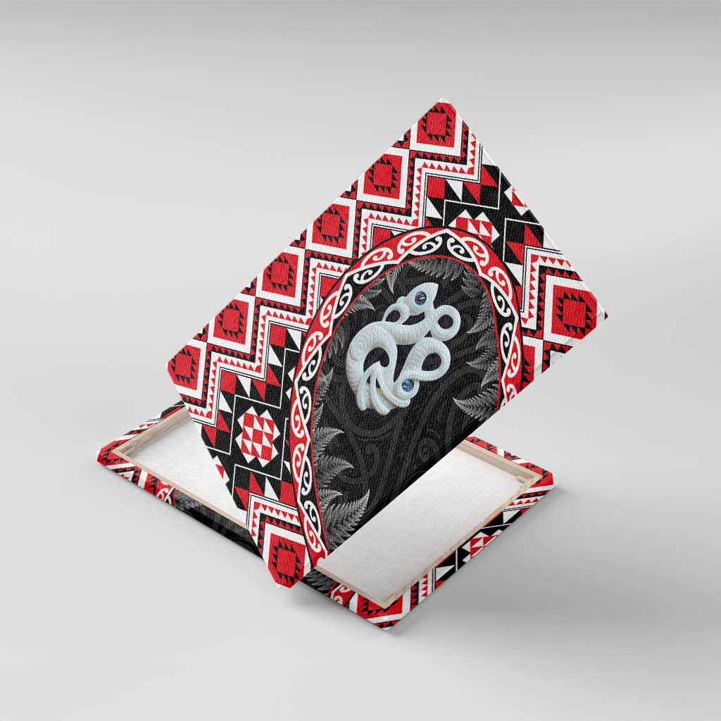 Red Taniko Motif Aotearoa Manaia and Silver Fern Canvas Wall Art LT03 With Frame Red - Polynesian Pride