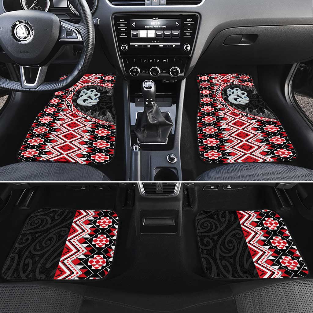 Red Taniko Motif Aotearoa Manaia and Silver Fern Car Mats LT03 Set 4pcs Red - Polynesian Pride