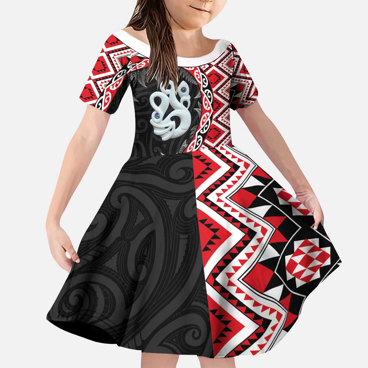 Red Taniko Motif Aotearoa Manaia and Silver Fern Kid Short Sleeve Dress LT03 KID Red - Polynesian Pride