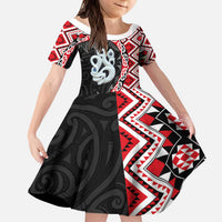 Red Taniko Motif Aotearoa Manaia and Silver Fern Kid Short Sleeve Dress LT03 KID Red - Polynesian Pride