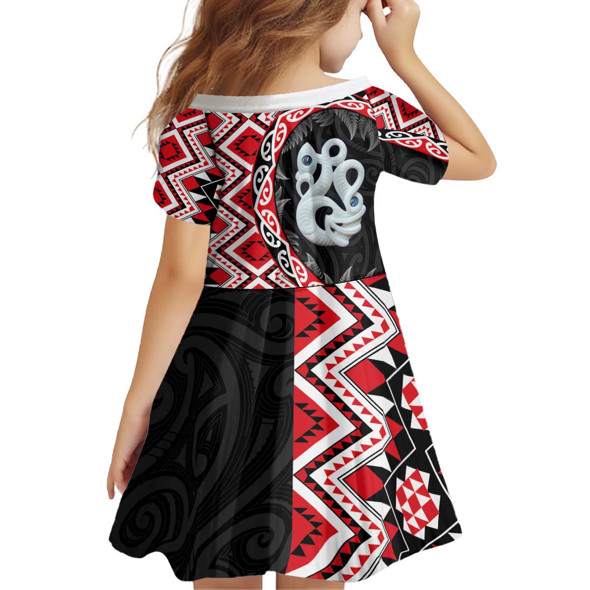 Red Taniko Motif Aotearoa Manaia and Silver Fern Kid Short Sleeve Dress LT03 - Polynesian Pride