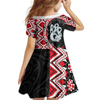 Red Taniko Motif Aotearoa Manaia and Silver Fern Kid Short Sleeve Dress LT03 - Polynesian Pride