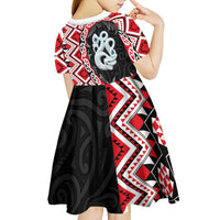 Red Taniko Motif Aotearoa Manaia and Silver Fern Kid Short Sleeve Dress LT03 - Polynesian Pride