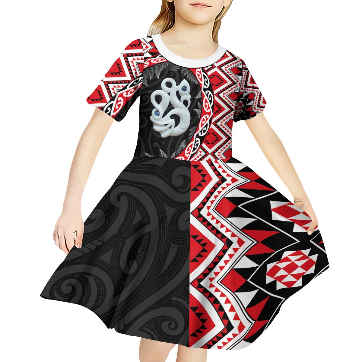 Red Taniko Motif Aotearoa Manaia and Silver Fern Kid Short Sleeve Dress LT03 - Polynesian Pride