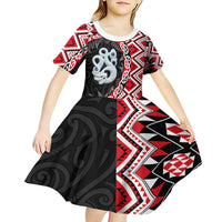 Red Taniko Motif Aotearoa Manaia and Silver Fern Kid Short Sleeve Dress LT03 - Polynesian Pride