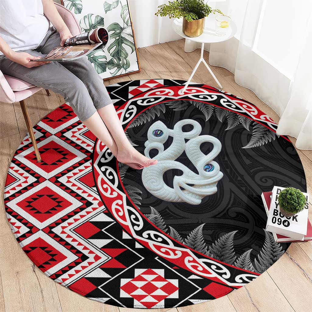 Red Taniko Motif Aotearoa Manaia and Silver Fern Round Carpet LT03 - Polynesian Pride