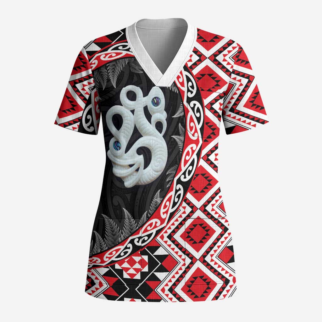 Red Taniko Motif Aotearoa Manaia and Silver Fern Scrub Top LT03 Adult Red - Polynesian Pride