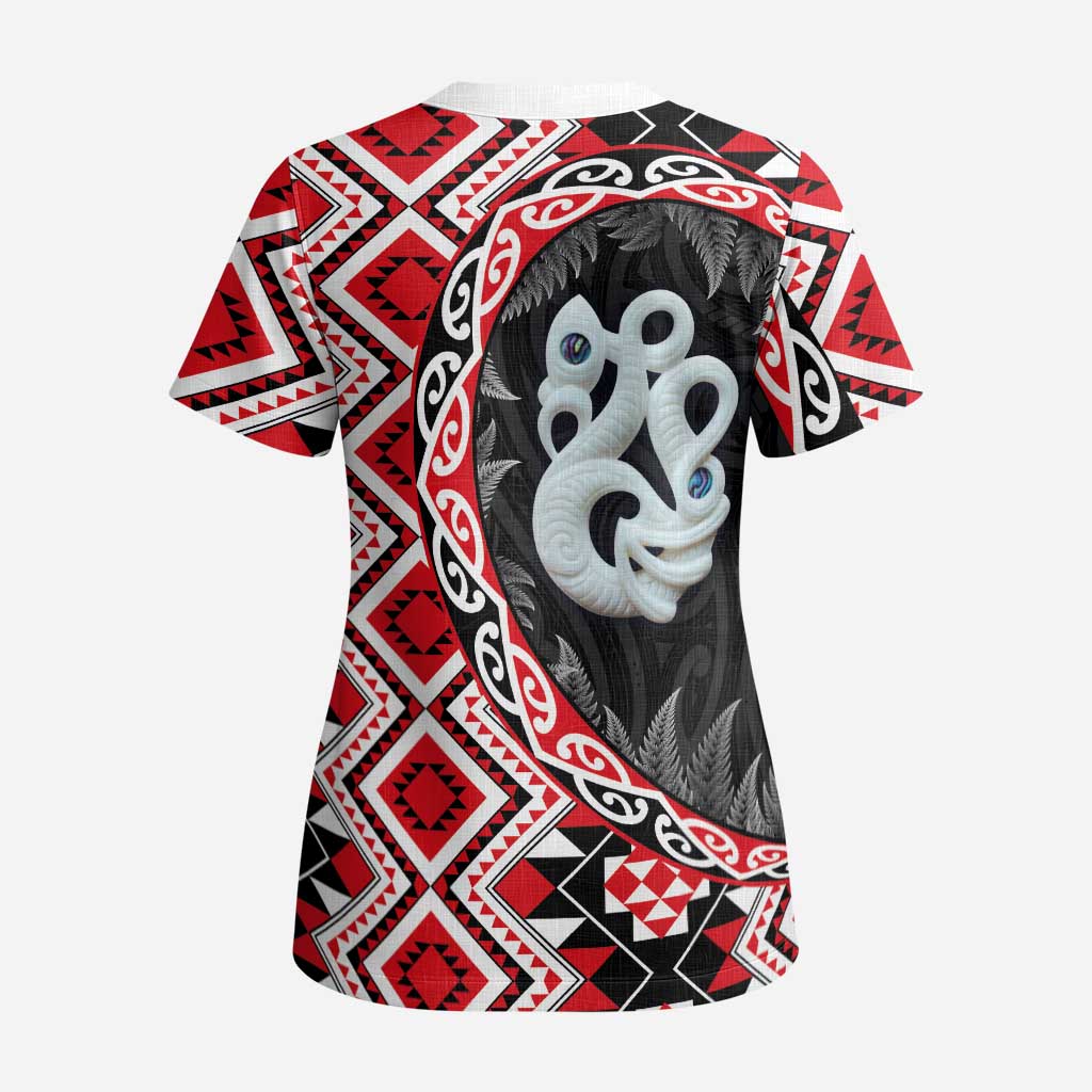Red Taniko Motif Aotearoa Manaia and Silver Fern Scrub Top LT03 - Polynesian Pride