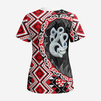 Red Taniko Motif Aotearoa Manaia and Silver Fern Scrub Top LT03 - Polynesian Pride