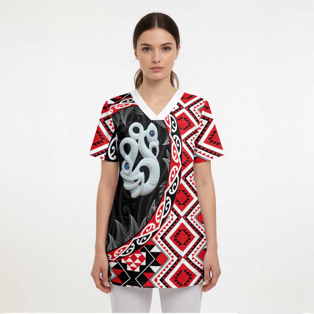 Red Taniko Motif Aotearoa Manaia and Silver Fern Scrub Top LT03 - Polynesian Pride