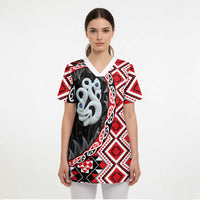 Red Taniko Motif Aotearoa Manaia and Silver Fern Scrub Top LT03 - Polynesian Pride