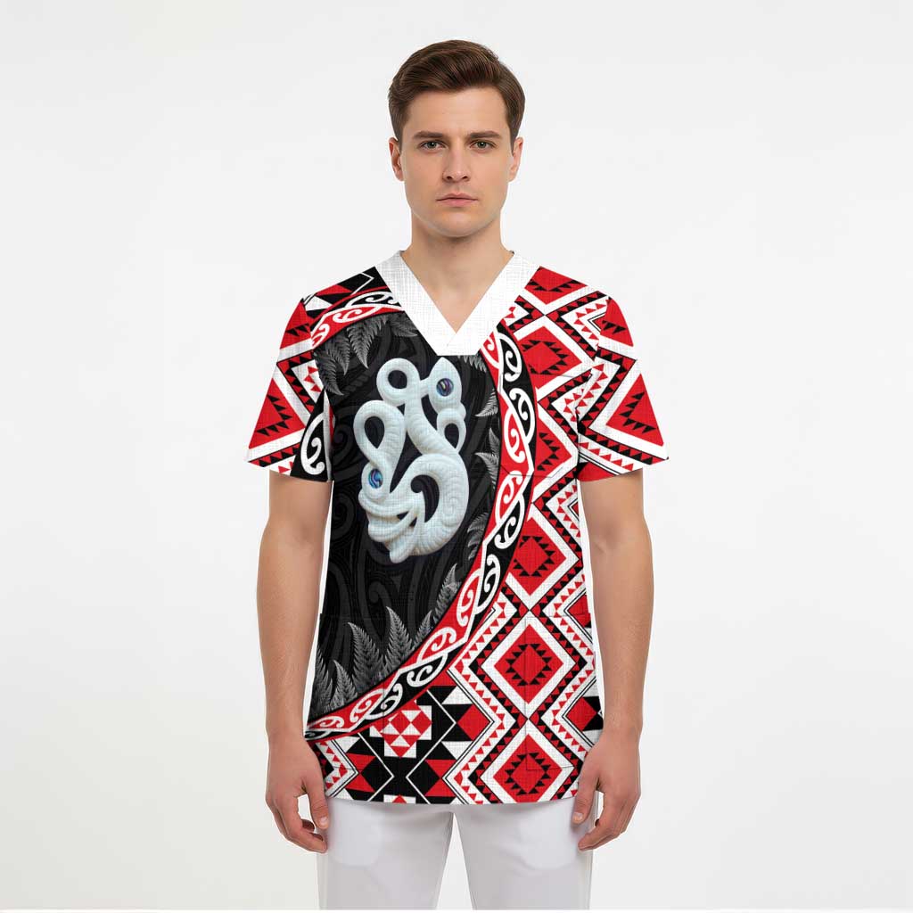 Red Taniko Motif Aotearoa Manaia and Silver Fern Scrub Top LT03 - Polynesian Pride