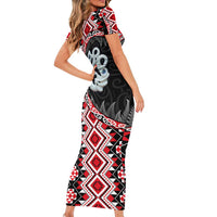 Red Taniko Motif Aotearoa Manaia and Silver Fern Short Sleeve Bodycon Dress LT03 - Polynesian Pride