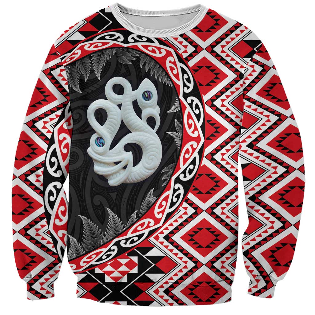 Red Taniko Motif Aotearoa Manaia and Silver Fern Sweatshirt LT03 Unisex Red - Polynesian Pride