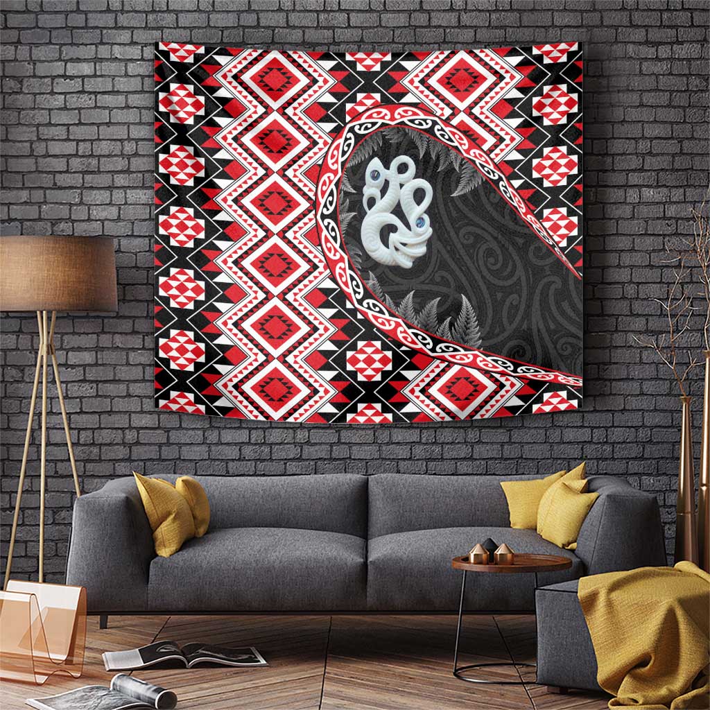 Red Taniko Motif Aotearoa Manaia and Silver Fern Tapestry LT03 Red - Polynesian Pride