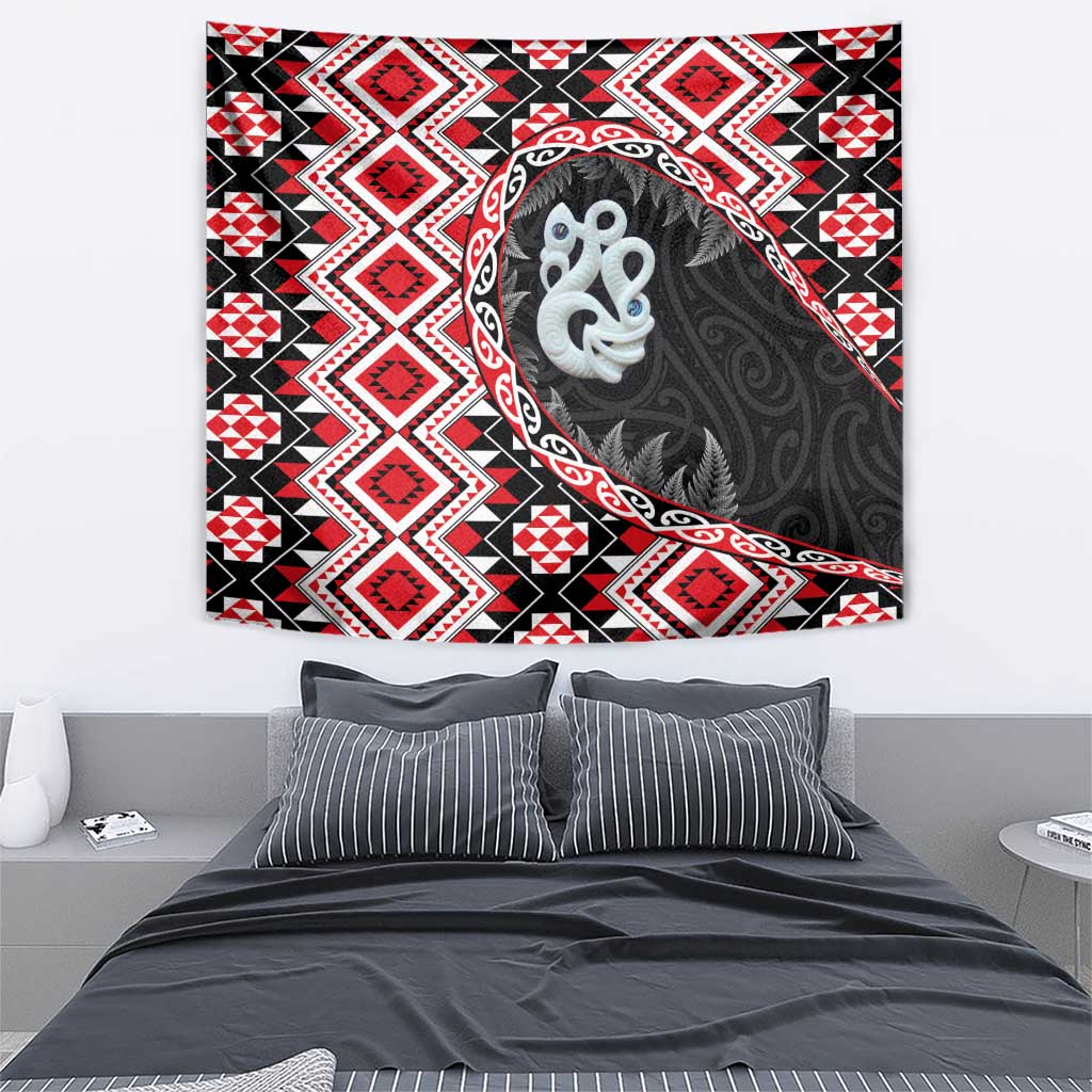 Red Taniko Motif Aotearoa Manaia and Silver Fern Tapestry LT03 - Polynesian Pride
