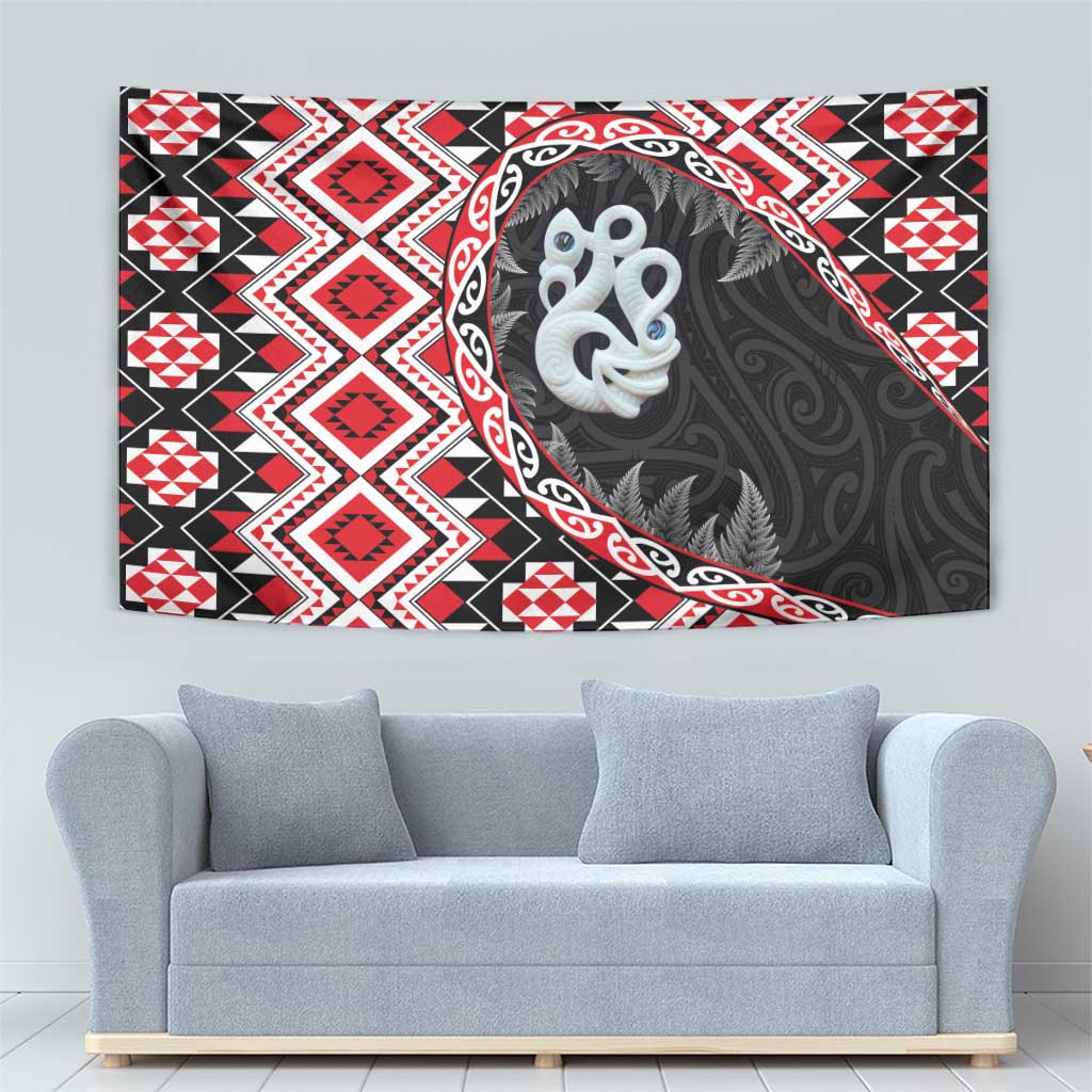 Red Taniko Motif Aotearoa Manaia and Silver Fern Tapestry LT03 - Polynesian Pride