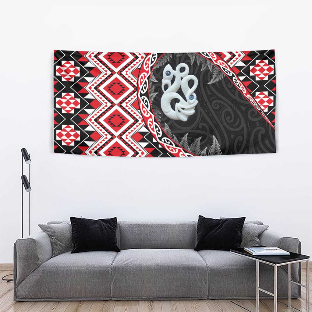 Red Taniko Motif Aotearoa Manaia and Silver Fern Tapestry LT03 - Polynesian Pride