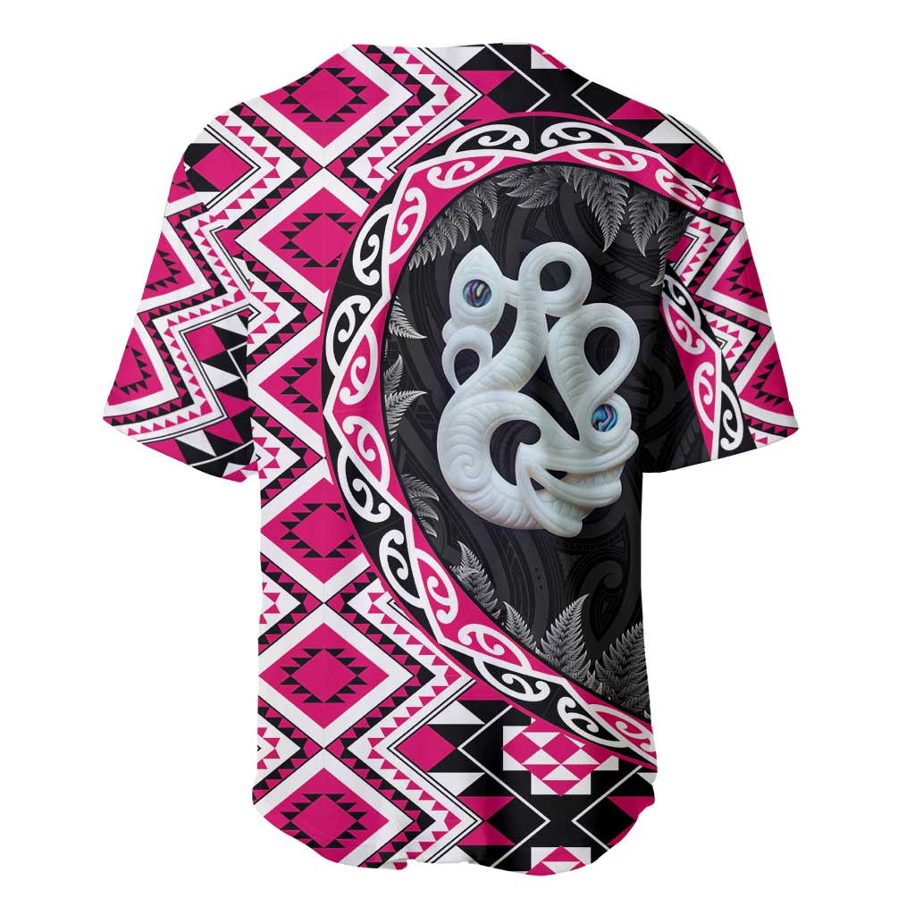Pink Taniko Motif Aotearoa Manaia and Silver Fern Baseball Jersey LT03 - Polynesian Pride