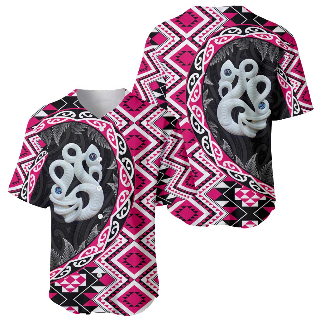 Pink Taniko Motif Aotearoa Manaia and Silver Fern Baseball Jersey LT03 - Polynesian Pride
