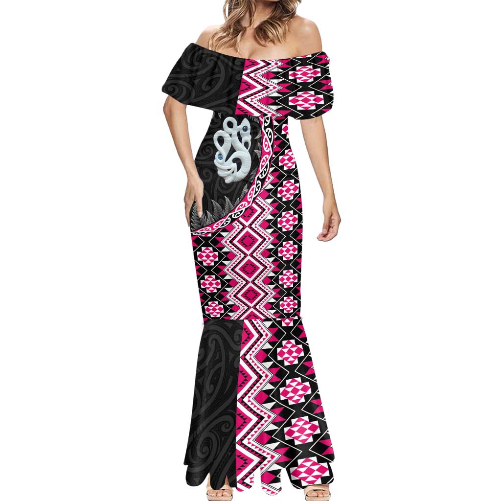 Pink Taniko Motif Aotearoa Manaia and Silver Fern Mermaid Dress LT03 - Polynesian Pride