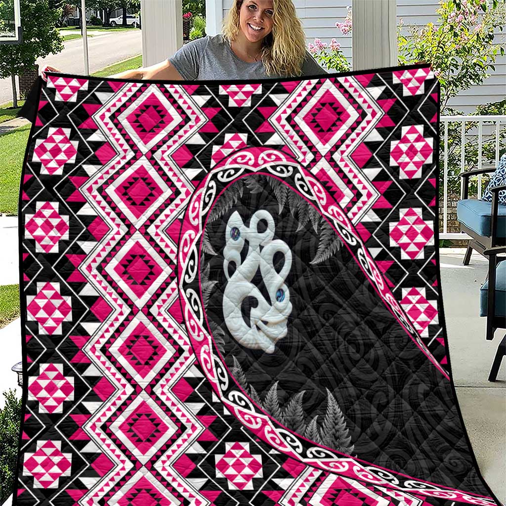 Pink Taniko Motif Aotearoa Manaia and Silver Fern Quilt LT03 Pink - Polynesian Pride