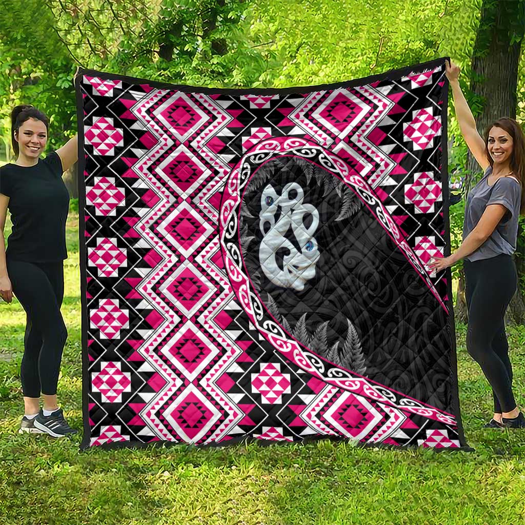 Pink Taniko Motif Aotearoa Manaia and Silver Fern Quilt LT03 - Polynesian Pride