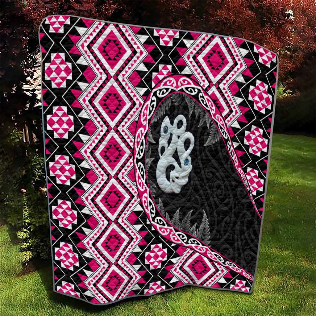 Pink Taniko Motif Aotearoa Manaia and Silver Fern Quilt LT03 - Polynesian Pride