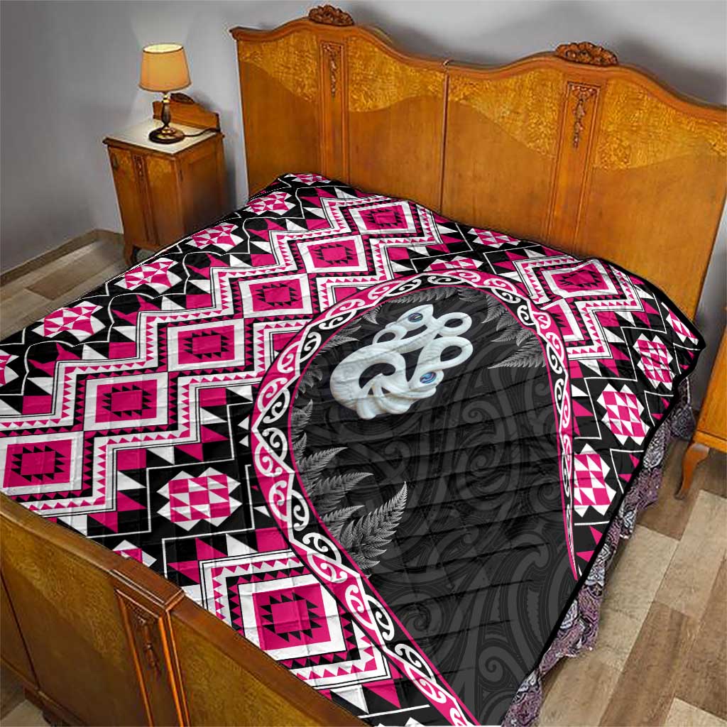 Pink Taniko Motif Aotearoa Manaia and Silver Fern Quilt LT03 - Polynesian Pride