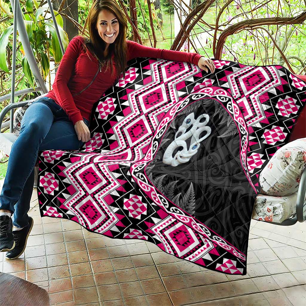 Pink Taniko Motif Aotearoa Manaia and Silver Fern Quilt LT03 - Polynesian Pride