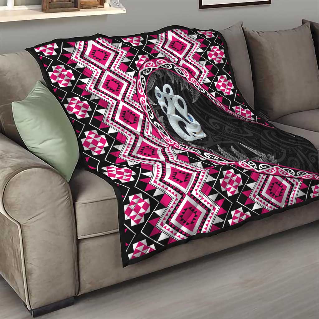 Pink Taniko Motif Aotearoa Manaia and Silver Fern Quilt LT03 - Polynesian Pride