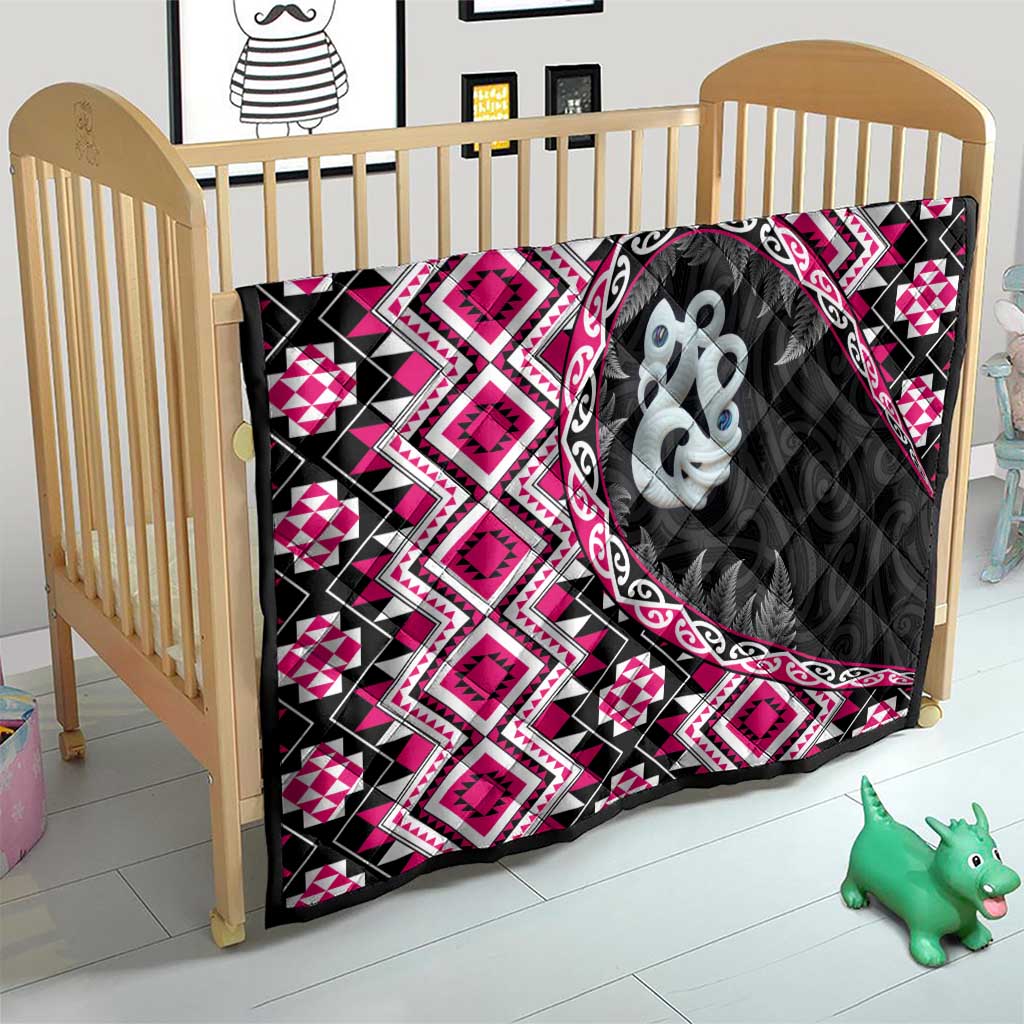 Pink Taniko Motif Aotearoa Manaia and Silver Fern Quilt LT03 - Polynesian Pride