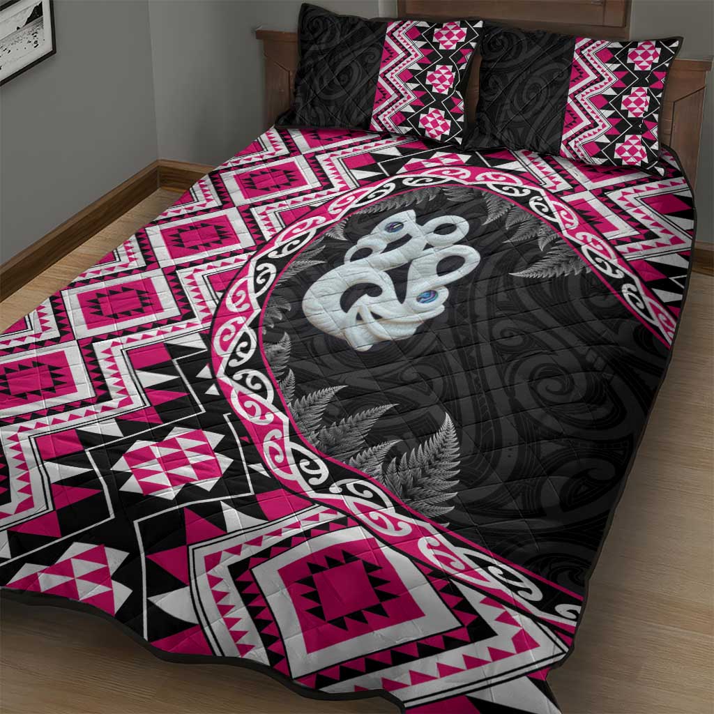 Pink Taniko Motif Aotearoa Manaia and Silver Fern Quilt Bed Set LT03 - Polynesian Pride