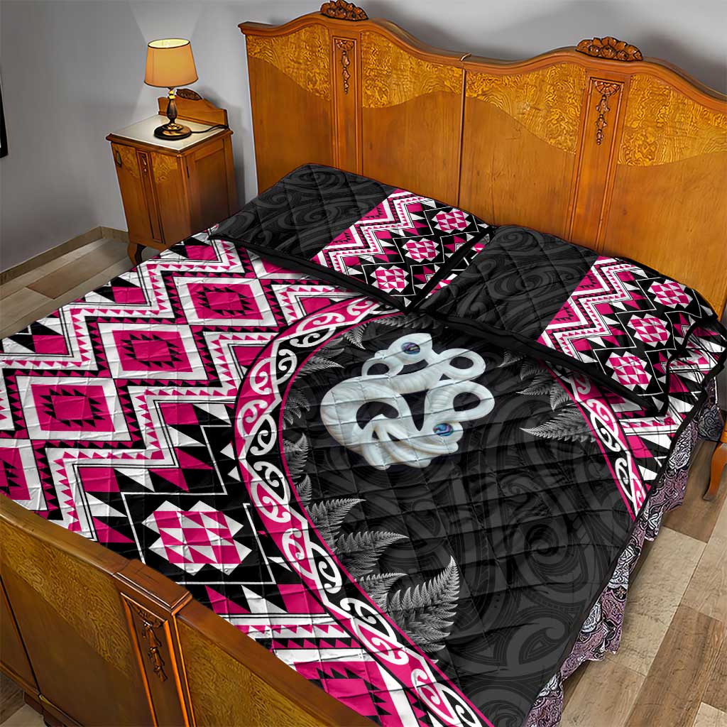 Pink Taniko Motif Aotearoa Manaia and Silver Fern Quilt Bed Set LT03 - Polynesian Pride