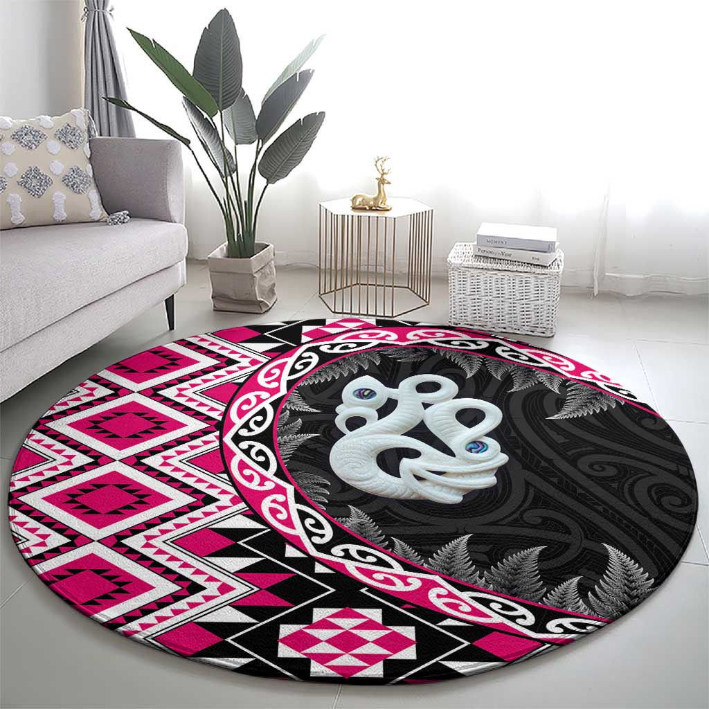 Pink Taniko Motif Aotearoa Manaia and Silver Fern Round Carpet LT03 - Polynesian Pride