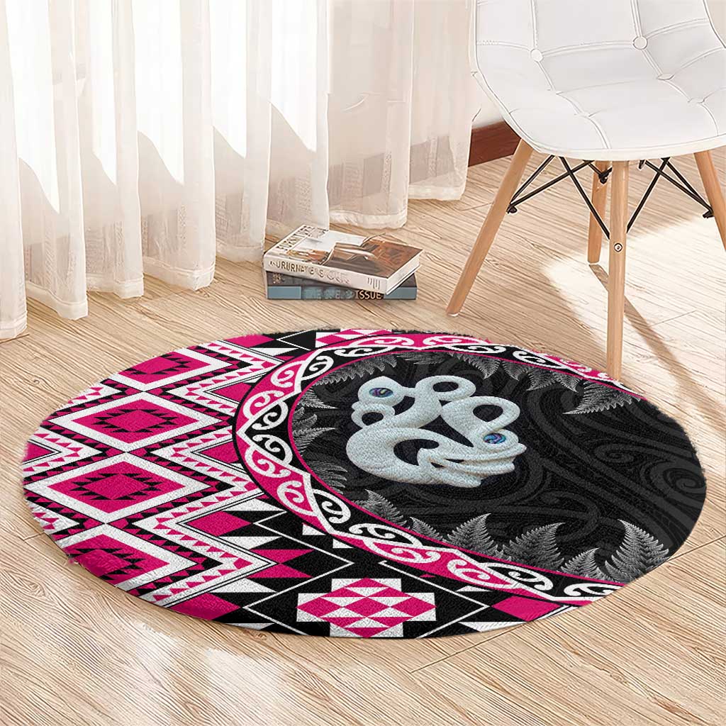 Pink Taniko Motif Aotearoa Manaia and Silver Fern Round Carpet LT03 - Polynesian Pride