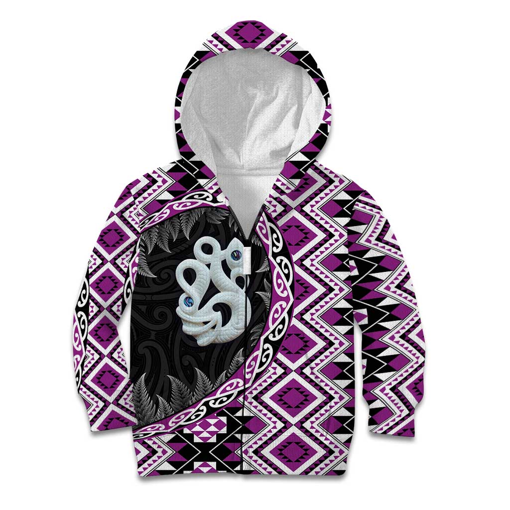 Purple Taniko Motif Aotearoa Manaia and Silver Fern Kid Hoodie LT03 Zip Hoodie Purple - Polynesian Pride