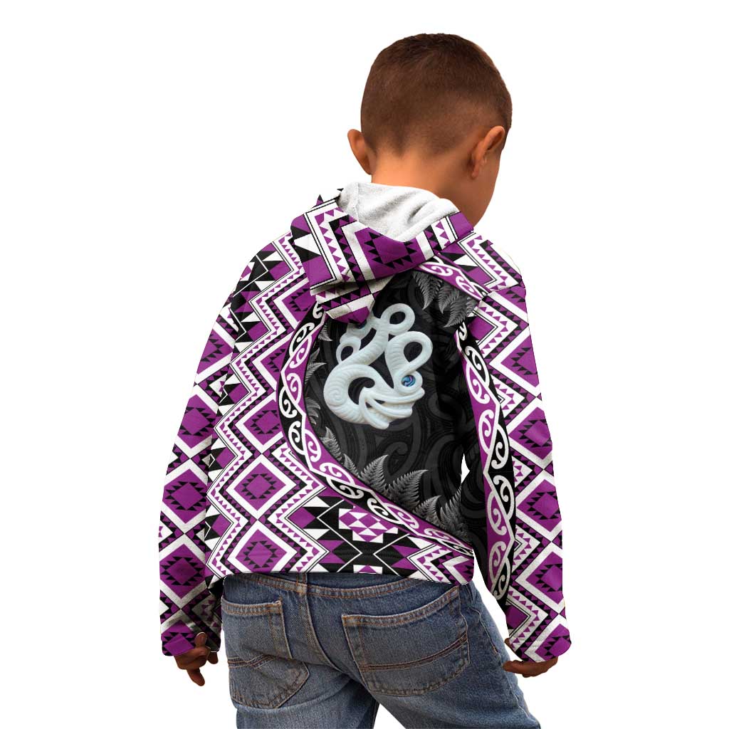 Purple Taniko Motif Aotearoa Manaia and Silver Fern Kid Hoodie LT03 - Polynesian Pride