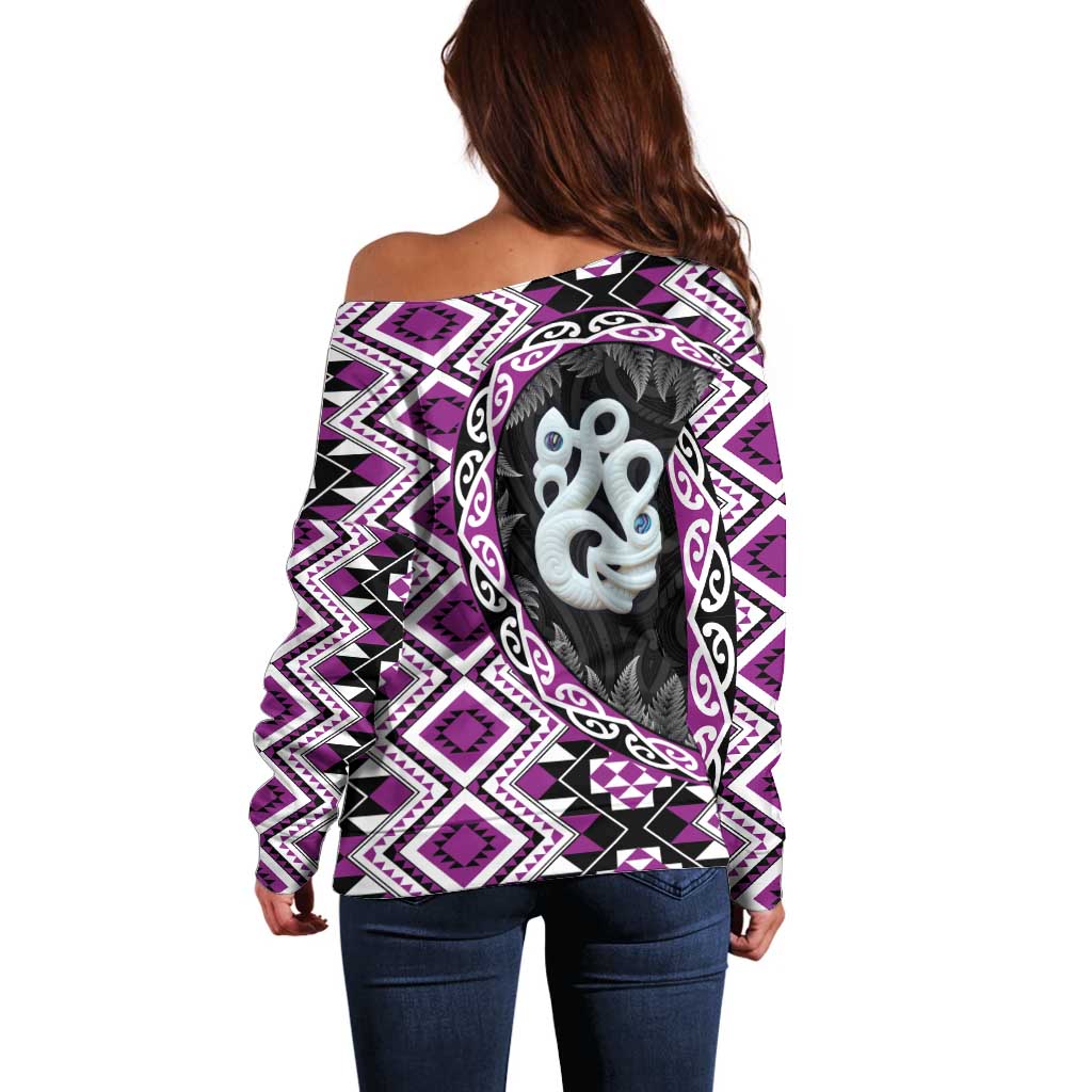 Purple Taniko Motif Aotearoa Manaia and Silver Fern Off Shoulder Sweater LT03 - Polynesian Pride