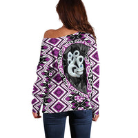 Purple Taniko Motif Aotearoa Manaia and Silver Fern Off Shoulder Sweater LT03 - Polynesian Pride
