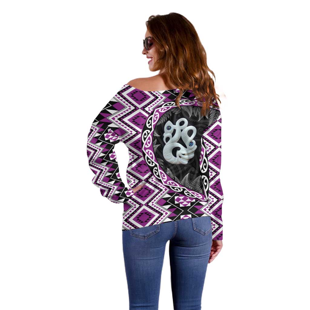 Purple Taniko Motif Aotearoa Manaia and Silver Fern Off Shoulder Sweater LT03 - Polynesian Pride