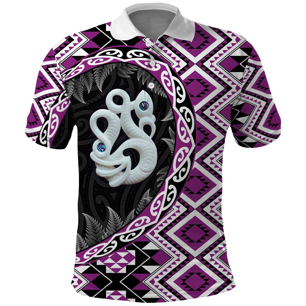 Purple Taniko Motif Aotearoa Manaia and Silver Fern Polo Shirt LT03 Purple - Polynesian Pride