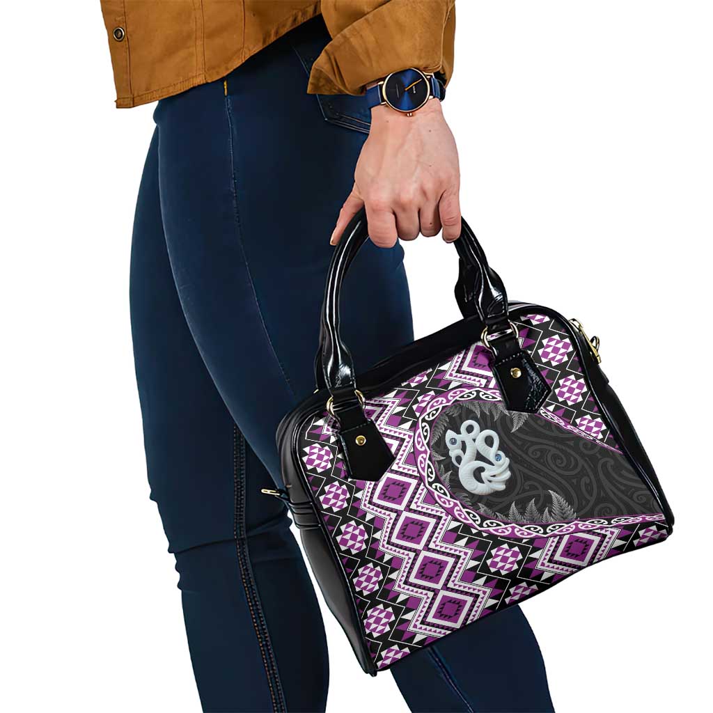 Purple Taniko Motif Aotearoa Manaia and Silver Fern Shoulder Handbag LT03 - Polynesian Pride