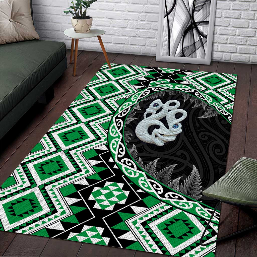 Green Taniko Motif Aotearoa Manaia and Silver Fern Area Rug LT03 Green - Polynesian Pride