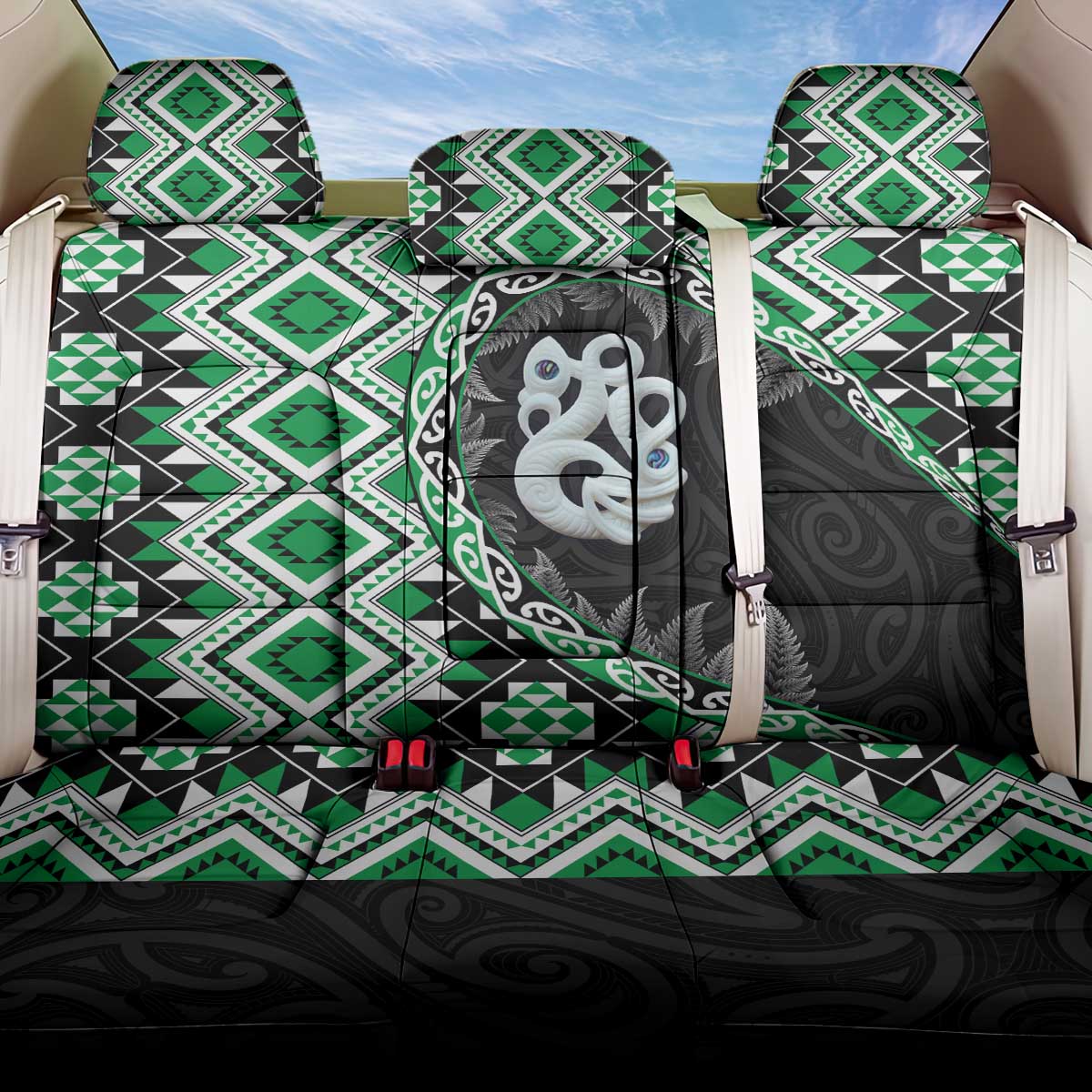Green Taniko Motif Aotearoa Manaia and Silver Fern Back Car Seat Cover LT03 One Size Green - Polynesian Pride